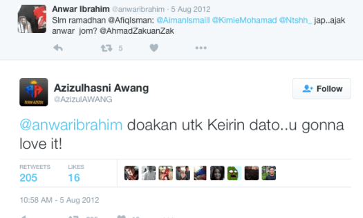 A tweet sent by Azizulhasni Awang to Anwar Ibrahim on the 5th August 2016