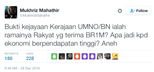 Mukhriz mempersoalkan BR1M dalam Twitternya bertarikh 28hb Disember 2016