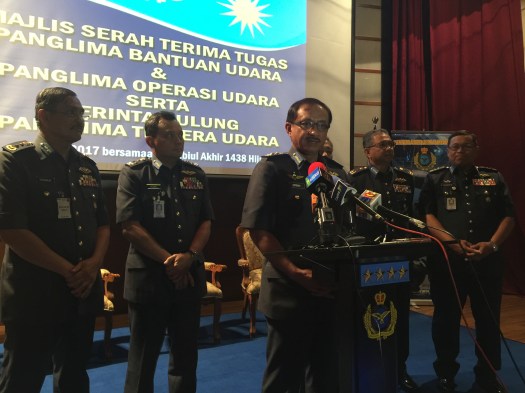 The 18th Chief of RMAF flanked by his Deputy and Commanders at a press conference after delivering his Prime Directives