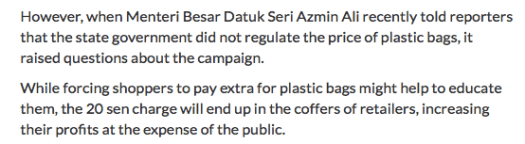 Azmin tak kata pun dia suruh kita bayar 20 sen untuk beg plastik